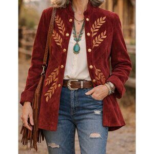 Bob Mackie Wearable Art Jacket Medium Red Suede Gold Embroidered Western Boho